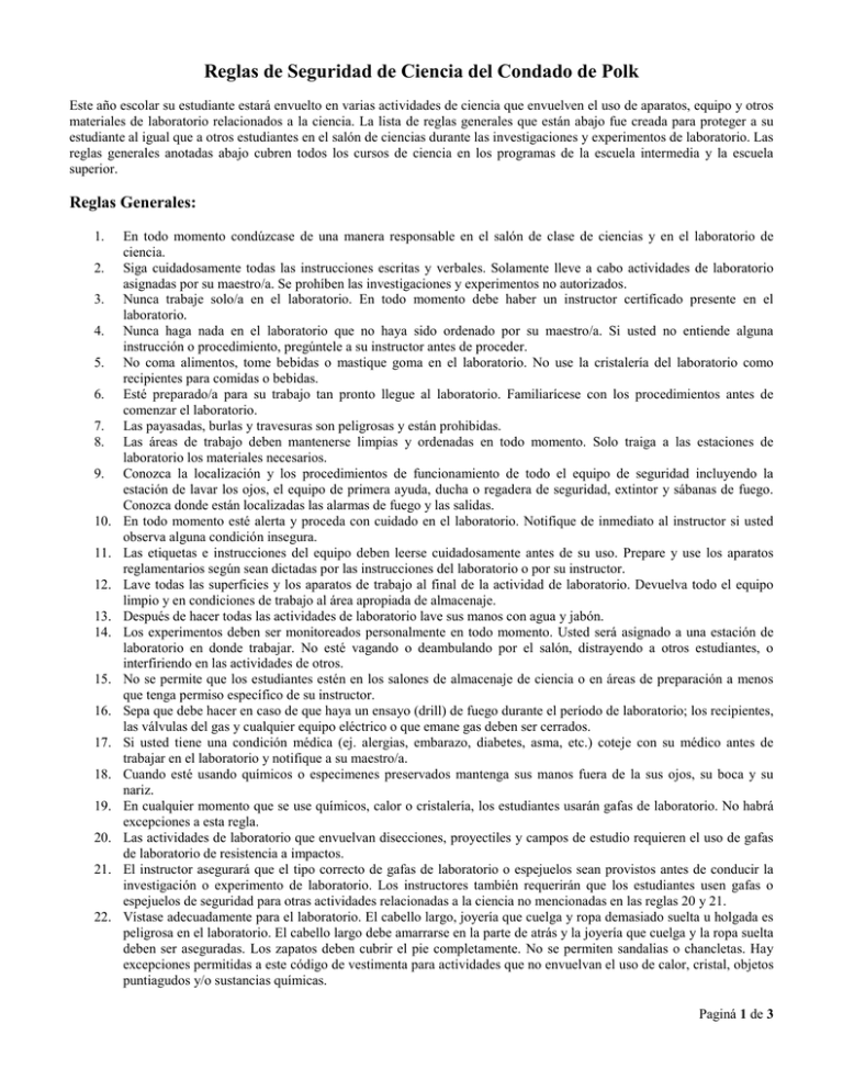 Reglas de Seguridad de Ciencia del Condado de Polk Reglas de Seguridad de Ciencia del Condado de Polk