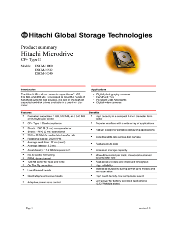 Hitachi Microdrive Product summary CF+ Type II Hitachi Microdrive Product summary CF+ Type II