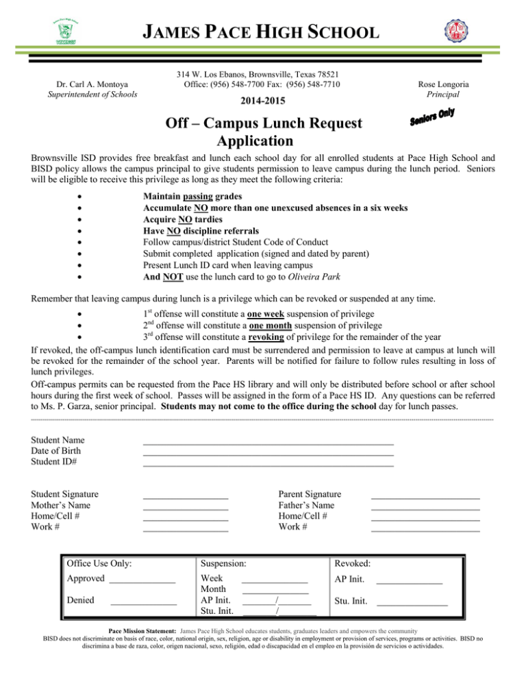 Off Campus Lunch Application Off Campus Lunch Application