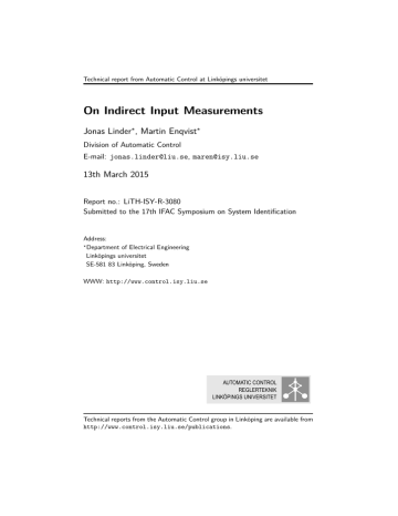 On Indirect Input Measurements Jonas Linder , Martin Enqvist 13th March 2015 On Indirect Input Measurements Jonas Linder , Martin Enqvist 13th March 2015