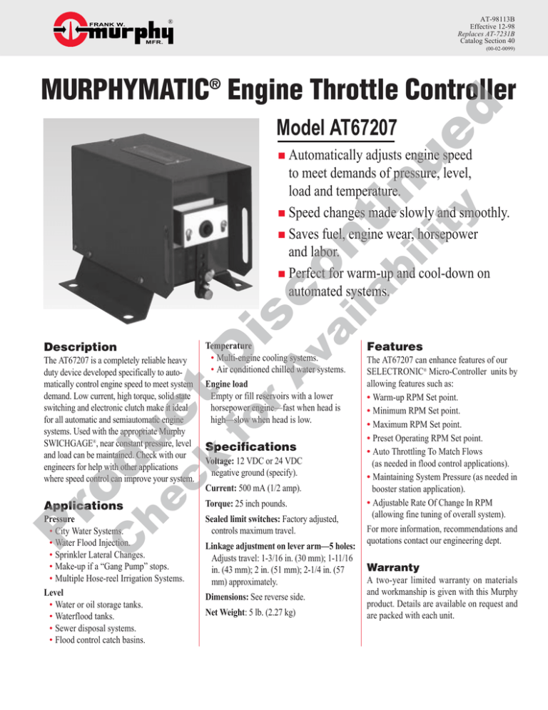 MURPHYMATIC Engine Throttle Controller MURPHYMATIC Engine Throttle Controller
