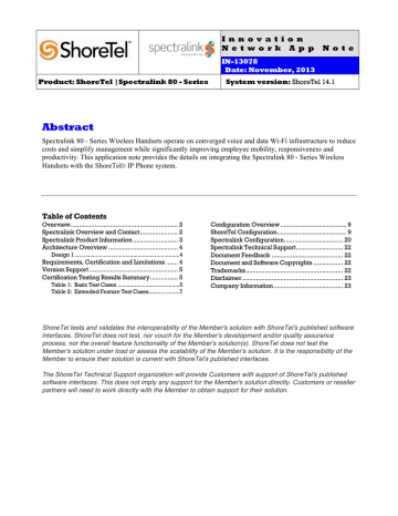 Application Note: Shoretel IP and the Spectralink 8020/8030 | Manualzz Application Note: Shoretel IP and the Spectralink 8020/8030 | Manualzz