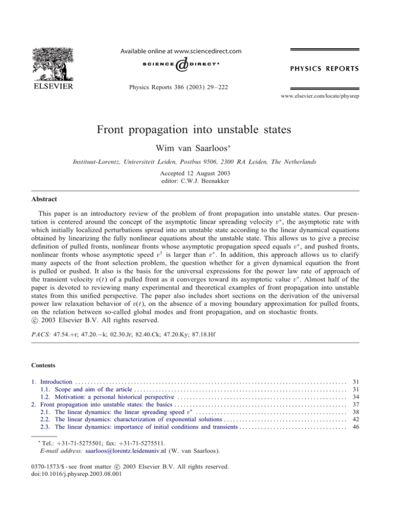 W. van Saarloos, "Front propagation into unstable states," Phys. Rep. 386 , 29 W. van Saarloos, "Front propagation into unstable states," Phys. Rep. 386 , 29