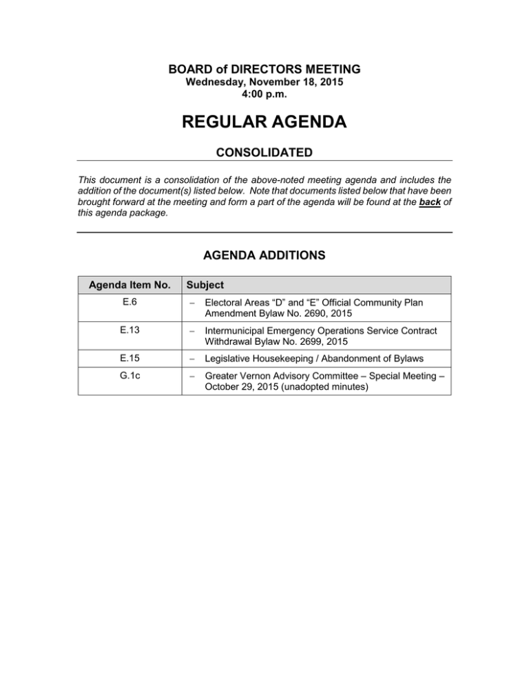 REGULAR AGENDA BOARD of DIRECTORS MEETING CONSOLIDATED REGULAR AGENDA BOARD of DIRECTORS MEETING CONSOLIDATED