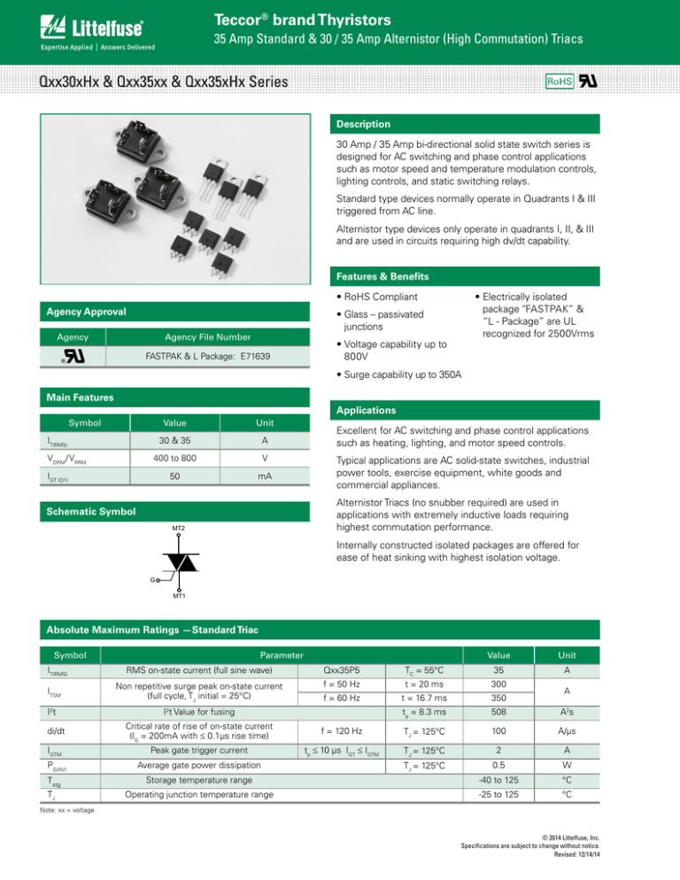 Switching Thyristors Qxx30xHx/Qxx35xx/Qxx35xHx Series Datasheet Switching Thyristors Qxx30xHx/Qxx35xx/Qxx35xHx Series Datasheet