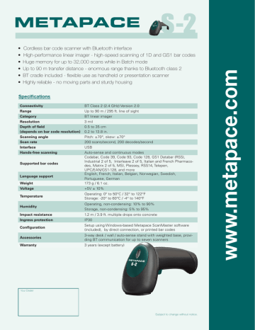• Cordless bar code scanner with Bluetooth interface • Cordless bar code scanner with Bluetooth interface