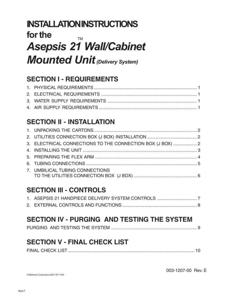 Midmark Asepsis 21® Systems Installation guide Midmark Asepsis 21® Systems Installation guide