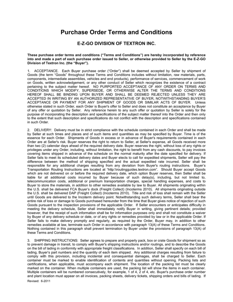 E-Z-GO Purchase Order Terms and Conditions E-Z-GO Purchase Order Terms and Conditions