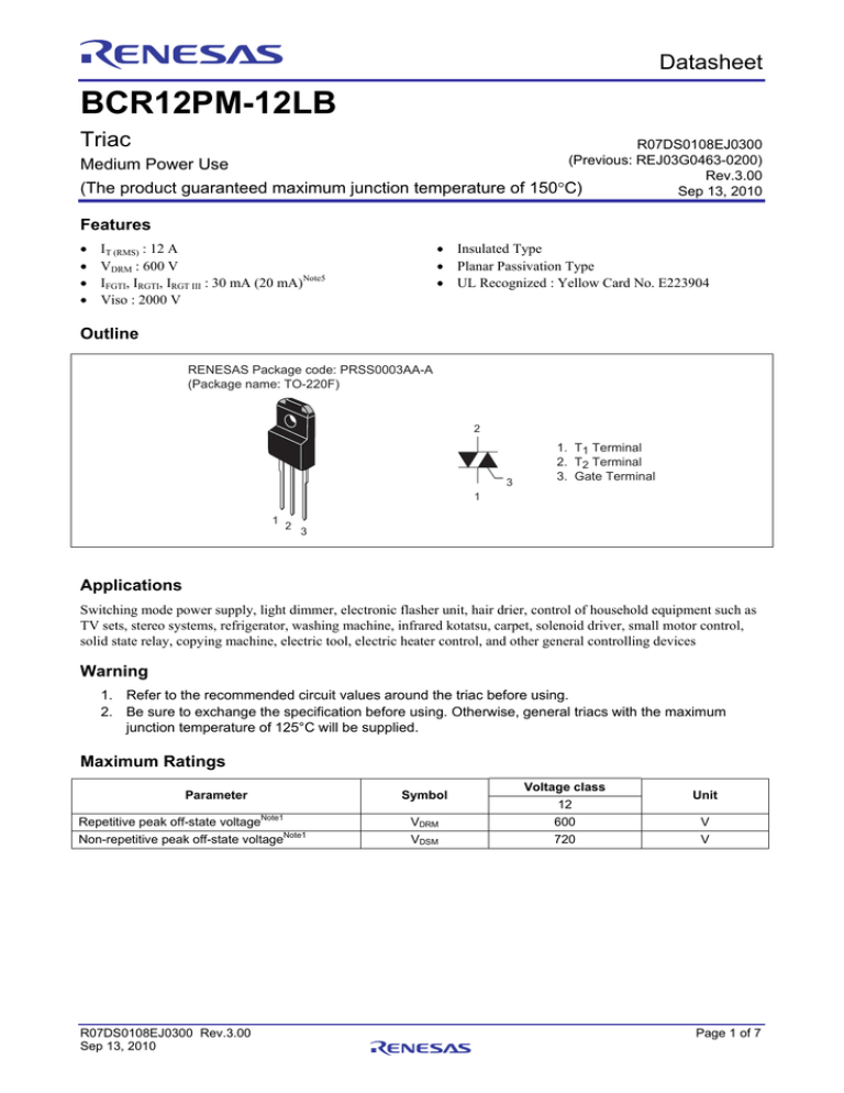 BCR12PM-12LB Datasheet BCR12PM-12LB Datasheet