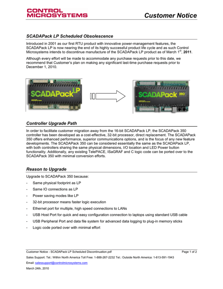 Customer Notice - SCADAPack LP Scheduled Discontinuation Customer Notice - SCADAPack LP Scheduled Discontinuation