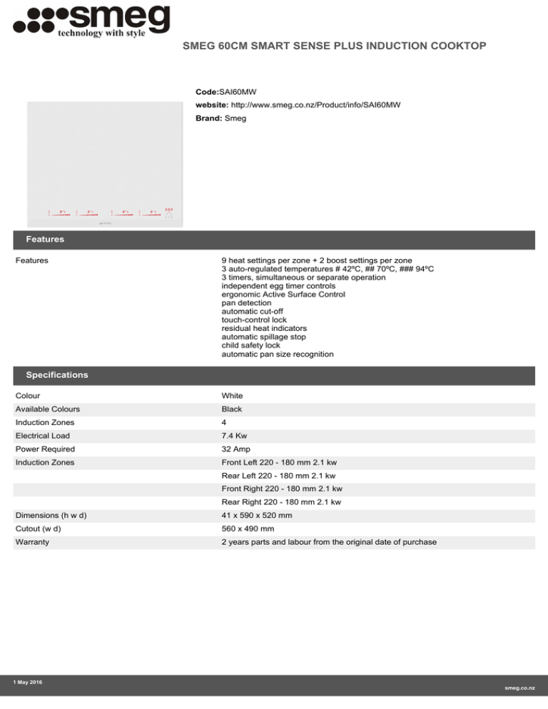 SMEG 60CM SMART SENSE PLUS INDUCTION COOKTOP Features SMEG 60CM SMART SENSE PLUS INDUCTION COOKTOP Features