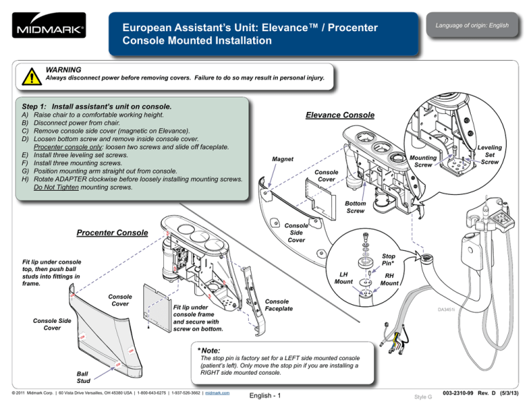 Midmark European Assistant's Unit Installation guide Midmark European Assistant's Unit Installation guide