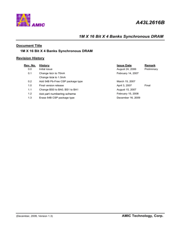 datasheet for A43L2616B by AMIC Technology datasheet for A43L2616B by AMIC Technology