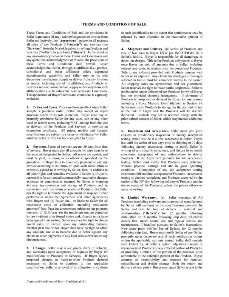 TERMS AND CONDITIONS OF SALE TERMS AND CONDITIONS OF SALE