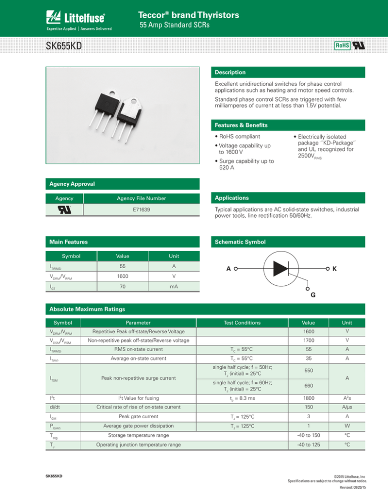SK655KD Teccor brand Thyristors 55 Amp Standard SCRs SK655KD Teccor brand Thyristors 55 Amp Standard SCRs