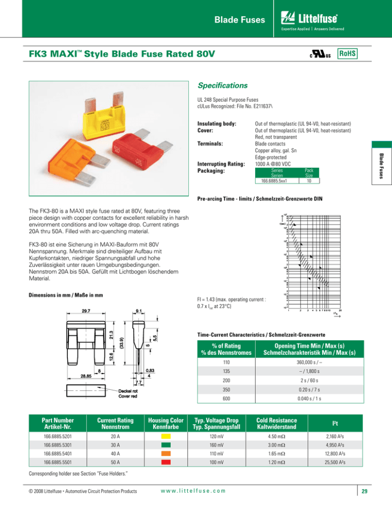 Blade Fuses FK3 MAXI Style Blade Fuse Rated 80V Specifications Blade Fuses FK3 MAXI Style Blade Fuse Rated 80V Specifications