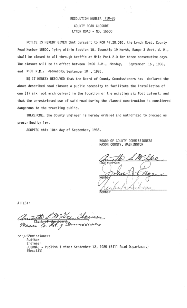 RESOLUTION NUMBER 110-85 COUNTY ROAD CLOSURE RESOLUTION NUMBER 110-85 COUNTY ROAD CLOSURE