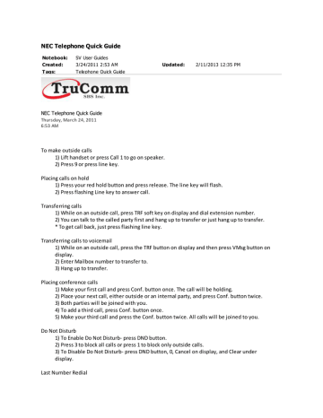 NEC Telephone Quick Guide NEC Telephone Quick Guide