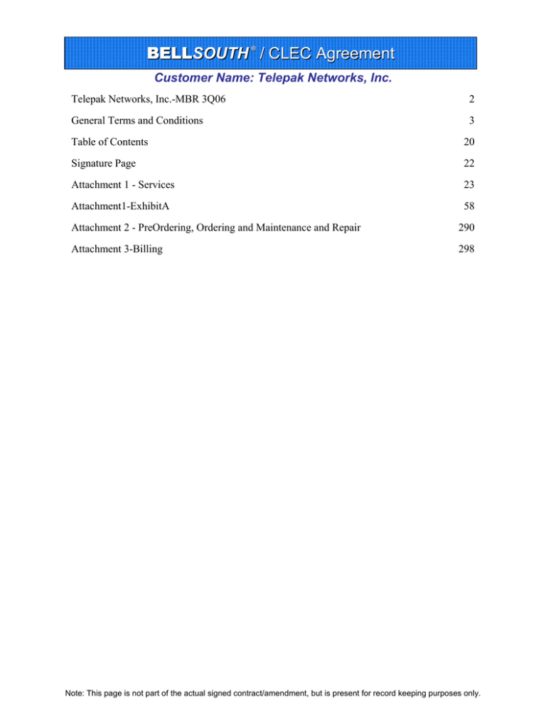 Telepak Networks, Inc. / Bellsouth Telecommunications Market Based Rate (MBR) Agreement Telepak Networks, Inc. / Bellsouth Telecommunications Market Based Rate (MBR) Agreement