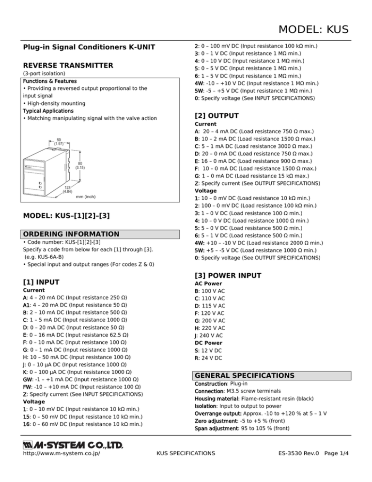 MODEL: KUS Plug-in Signal Conditioners K-UNIT MODEL: KUS Plug-in Signal Conditioners K-UNIT