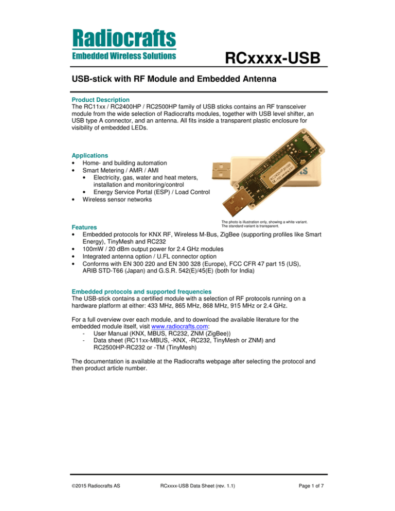 Radiocrafts RCxxxx-USB Embedded Wireless Solutions Radiocrafts RCxxxx-USB Embedded Wireless Solutions