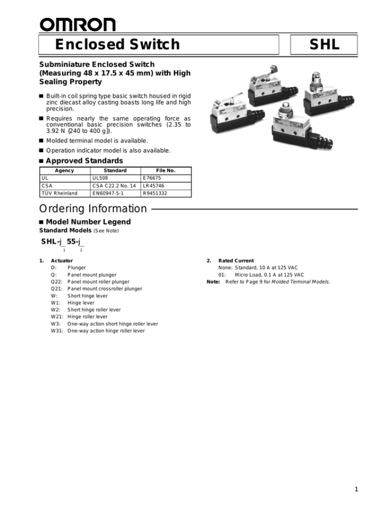 Enclosed Switch SHL Subminiature Enclosed Switch Enclosed Switch SHL Subminiature Enclosed Switch