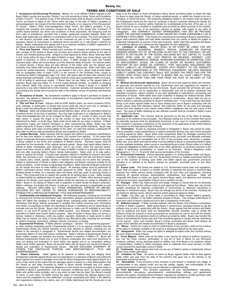 Terms and Conditions of Sale Beneq, Inc. Terms and Conditions of Sale Beneq, Inc.