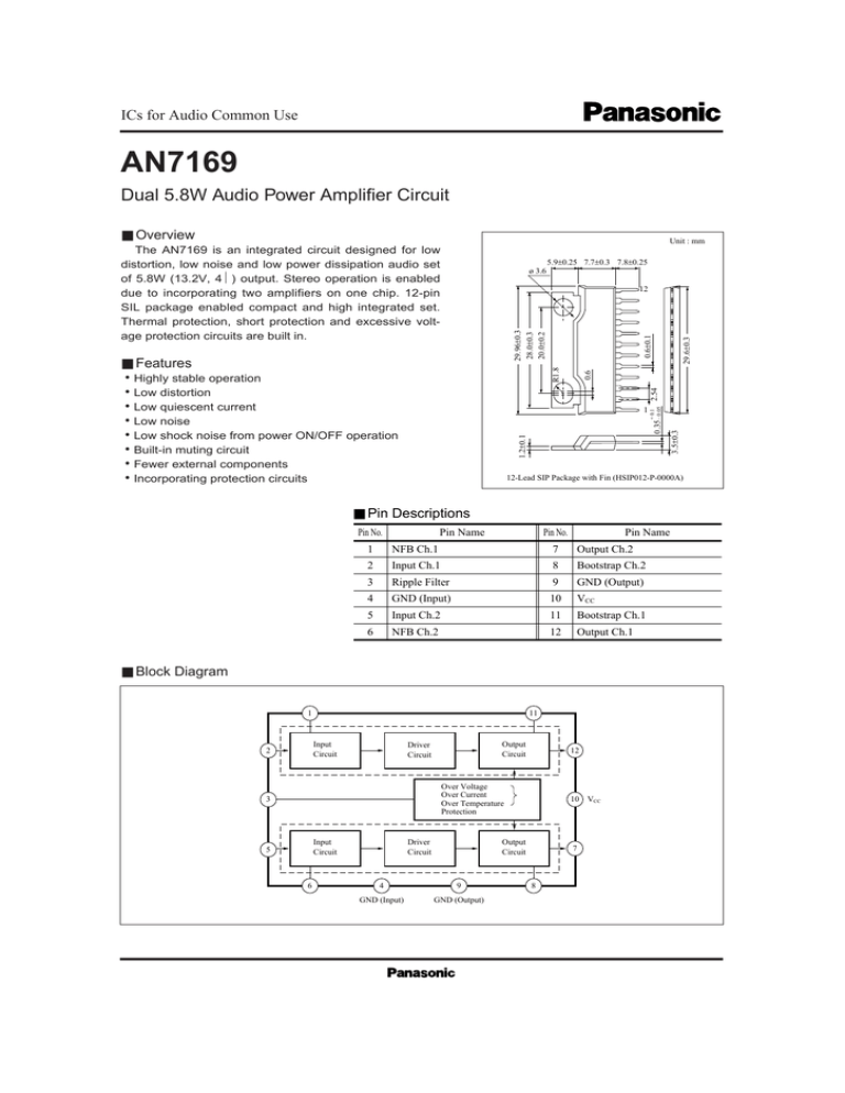 AN7169 Dual 5.8W Audio Power Amplifier Circuit ICs for Audio Common Use ■ AN7169 Dual 5.8W Audio Power Amplifier Circuit ICs for Audio Common Use ■