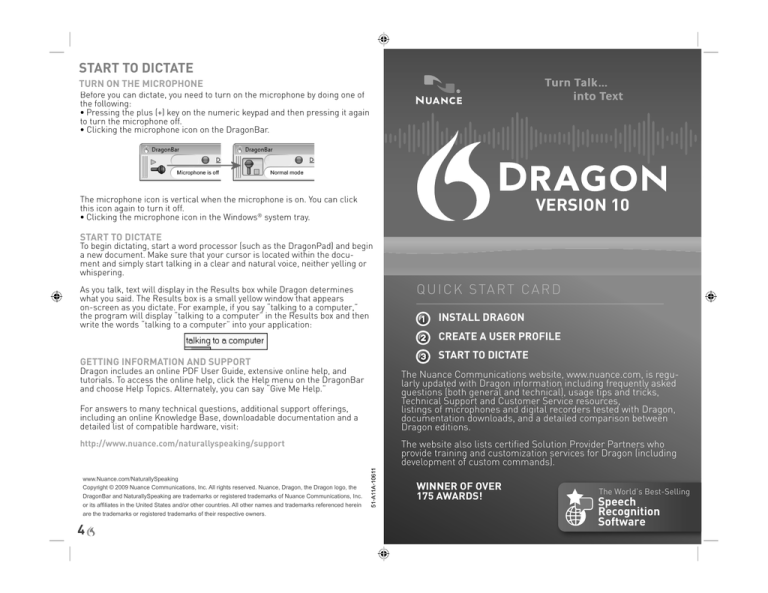 Dragon 10 quick start guide Dragon 10 quick start guide