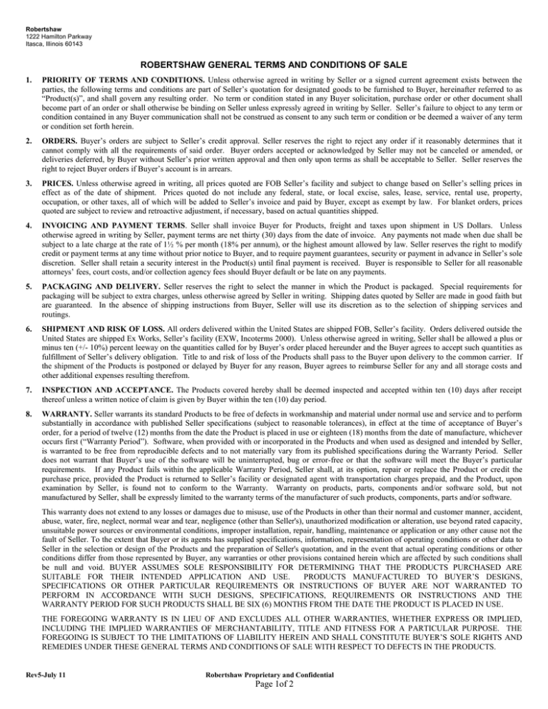 Robertshaw Terms and Conditions of Sale Robertshaw Terms and Conditions of Sale