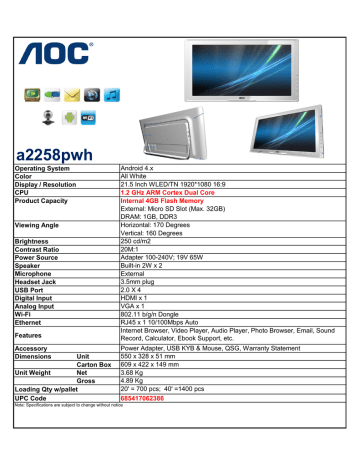 AOC_A2258Pwh_-_Especificaciones AOC_A2258Pwh_-_Especificaciones