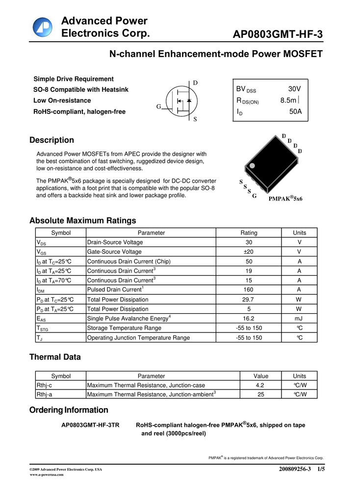 Datasheet For AP0803GMT HF 3TR By Advanced Power Electronics Corp USA