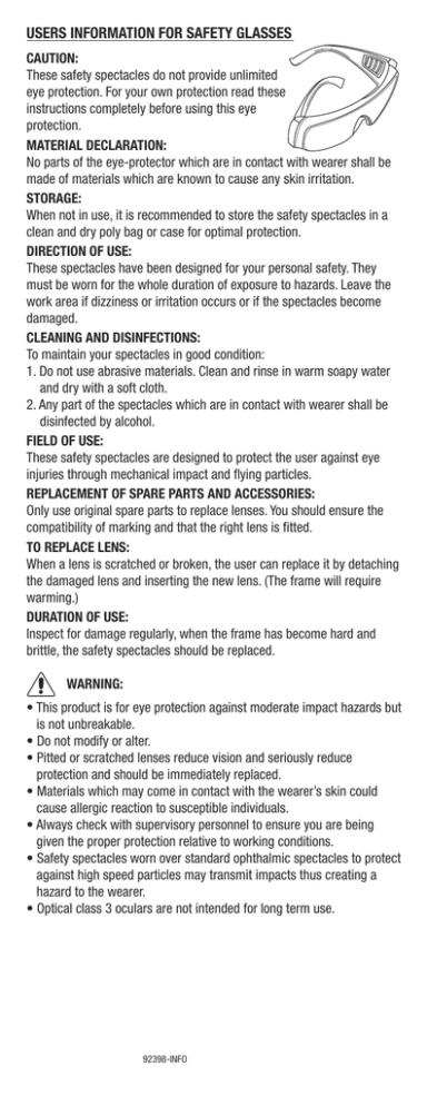 USERS INFORMATION FOR SAFETY GLASSES USERS INFORMATION FOR SAFETY GLASSES