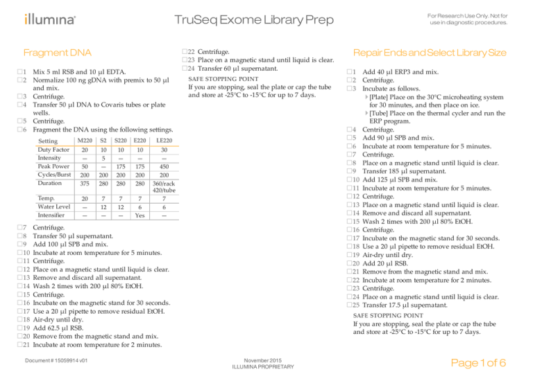 TruSeq Exome Library Prep Checklist (15059914 v01) TruSeq Exome Library Prep Checklist (15059914 v01)