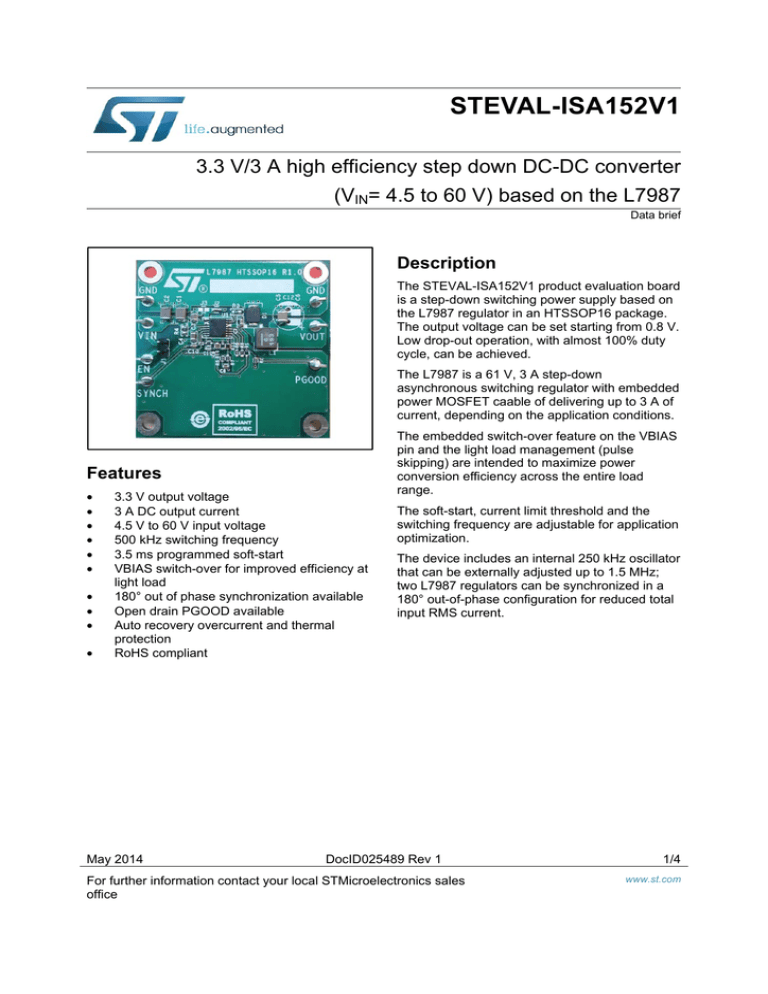 STEVAL-ISA152V1 3.3 V/3 A high efficiency step down DC-DC converter (V STEVAL-ISA152V1 3.3 V/3 A high efficiency step down DC-DC converter (V