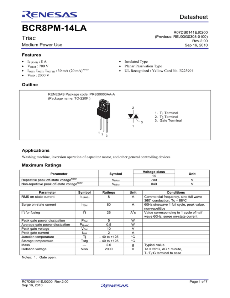 BCR8PM-14LA Datasheet BCR8PM-14LA Datasheet