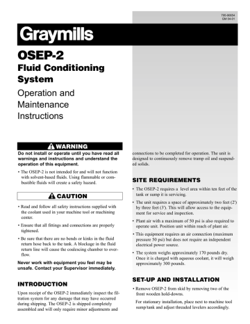 Graymills Fluid Conditioning Oil Coalescer OSEP-2 Owner's Manual | Manualzz Graymills Fluid Conditioning Oil Coalescer OSEP-2 Owner's Manual | Manualzz