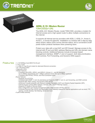Trendnet TDM-C500 ADSL 2/2+ Modem Router Datasheet | Manualzz Trendnet TDM-C500 ADSL 2/2+ Modem Router Datasheet | Manualzz