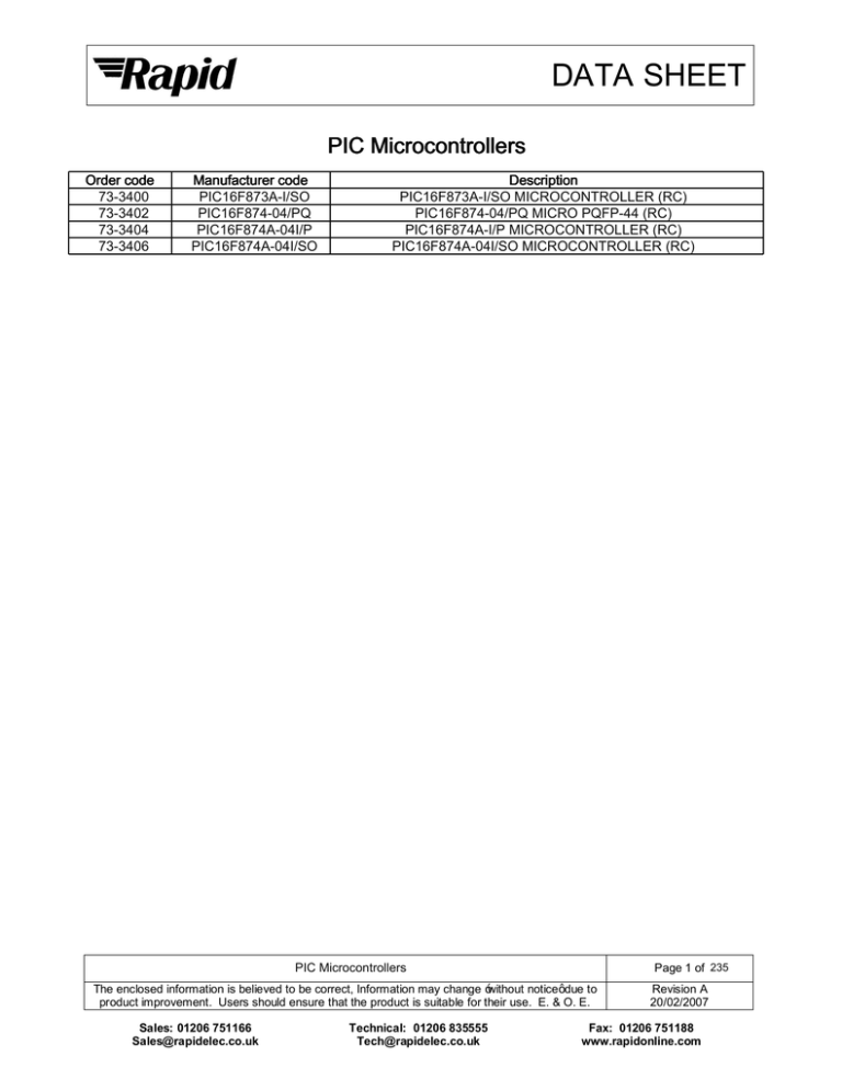 DATA SHEET PIC Microcontrollers DATA SHEET PIC Microcontrollers