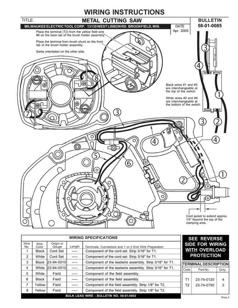 WIRING INSTRUCTIONS METAL CUTTING SAW 58-01-0085 BULLETIN WIRING INSTRUCTIONS METAL CUTTING SAW 58-01-0085 BULLETIN
