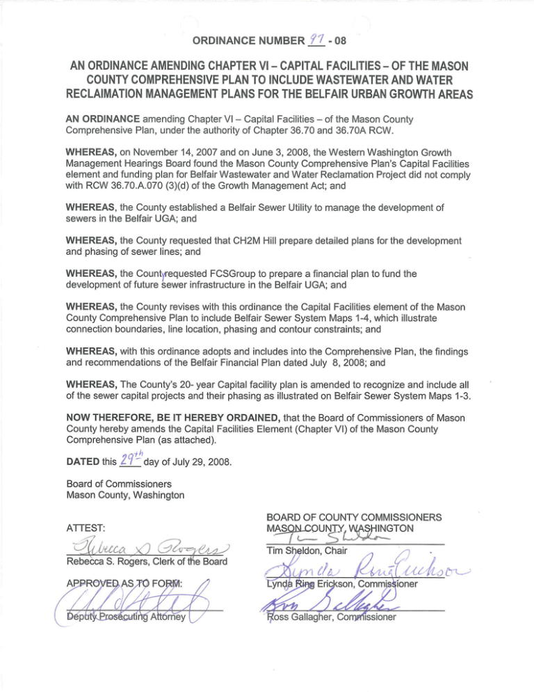 Ordinance � Amend Chapter VI � Capital Facilities � Mason County Comprehensive Plan to Include Wastewater and Water Reclamation Management Plans for the Belfair Urban Growth Areas Ordinance � Amend Chapter VI � Capital Facilities � Mason County Comprehensive Plan to Include Wastewater and Water Reclamation Management Plans for the Belfair Urban Growth Areas