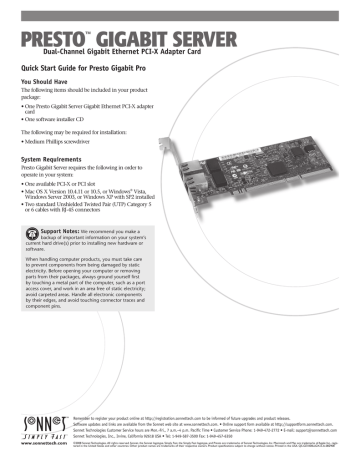 PRESTO GIGABIT SERVER Dual-Channel Gigabit Ethernet PCI-X Adapter Card | Manualzz