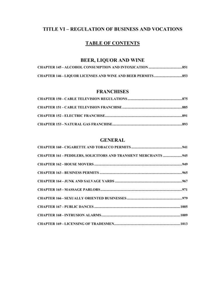 TITLE VI – REGULATION OF BUSINESS AND VOCATIONS TABLE OF CONTENTS TITLE VI – REGULATION OF BUSINESS AND VOCATIONS TABLE OF CONTENTS