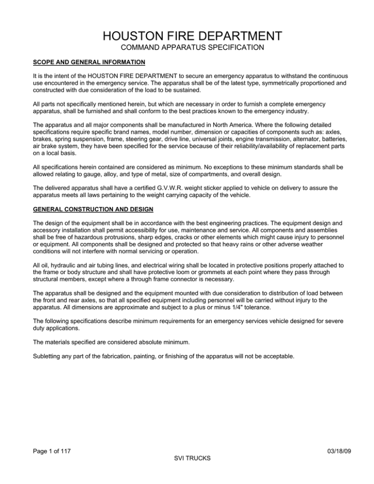 HOUSTON FIRE DEPARTMENT COMMAND APPARATUS SPECIFICATION HOUSTON FIRE DEPARTMENT COMMAND APPARATUS SPECIFICATION