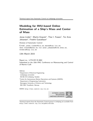 Modeling for IMU-based Online Estimation of a Ship’s Mass and Center Modeling for IMU-based Online Estimation of a Ship’s Mass and Center