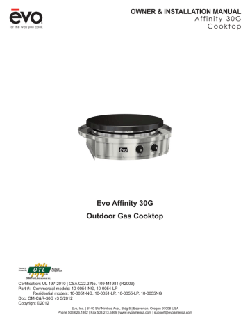 Evo Affi nity 30G Outdoor Gas Cooktop OWNER & INSTALLATION MANUAL Evo Affi nity 30G Outdoor Gas Cooktop OWNER & INSTALLATION MANUAL