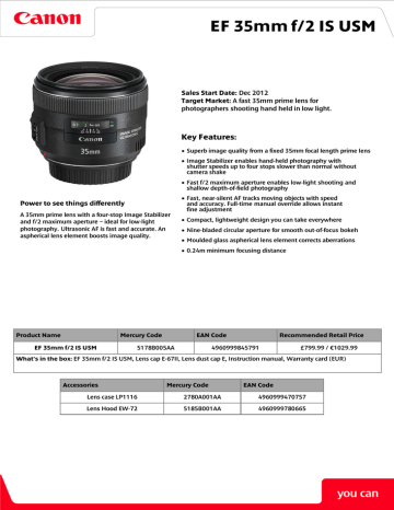 EF 35mm f/2 IS USM Key Features: Sales Start Date: EF 35mm f/2 IS USM Key Features: Sales Start Date: