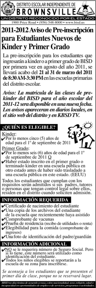para Estudiantes Nuevos de Kinder y Primer Grado 2011-2012 Aviso de Pre-inscripción para Estudiantes Nuevos de Kinder y Primer Grado 2011-2012 Aviso de Pre-inscripción