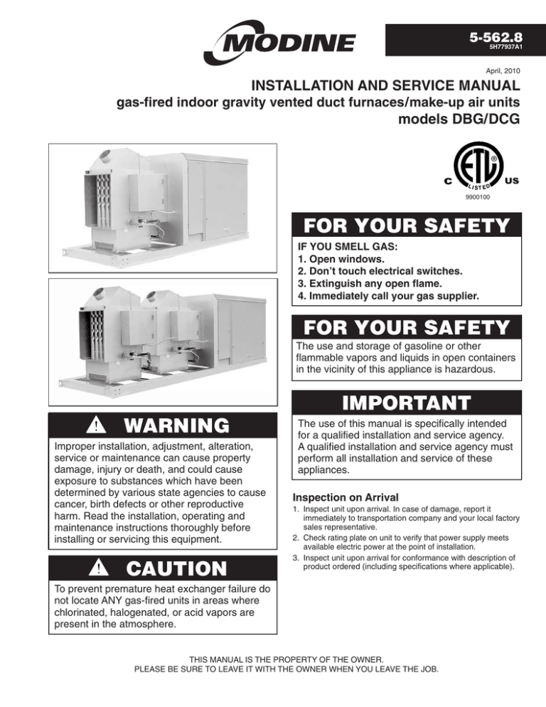 Installation & Service Manual Indirect Indoor Gravity Vented Make-Up Air Units - Models DBG & DCG (5 Installation & Service Manual Indirect Indoor Gravity Vented Make-Up Air Units - Models DBG & DCG (5