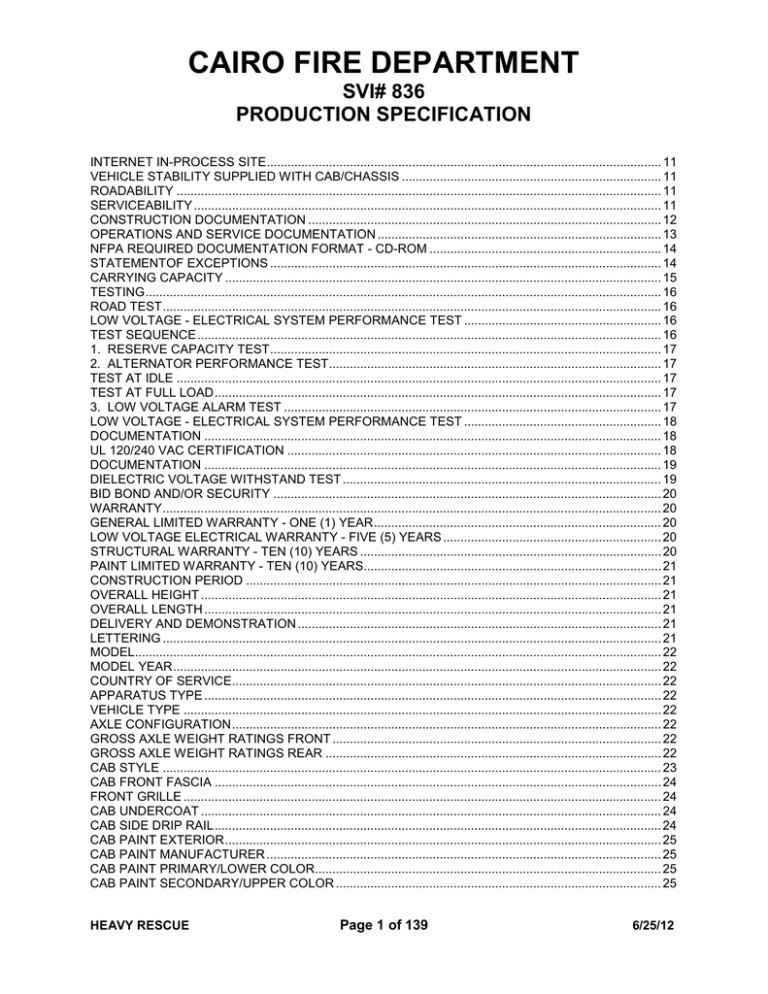 CAIRO FIRE DEPARTMENT SVI# 836 PRODUCTION SPECIFICATION CAIRO FIRE DEPARTMENT SVI# 836 PRODUCTION SPECIFICATION